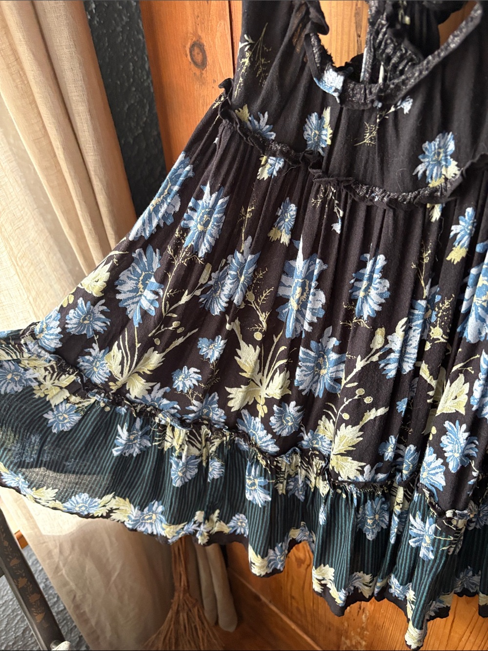 Free People Black Floral Backless Ruffle Dress with Blue and Cream Flowers - Picture 3 of 5